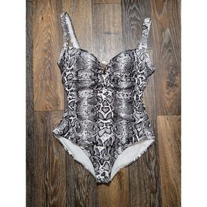 Tommy Bahama Womens Snakeskin Print One Piece Swimsuit Underwire Black White 10